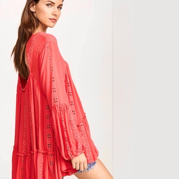 Free People Sweetest Dream Tunic Top L Coral Pink Boho Open Back NWT - Picture 2 of 12